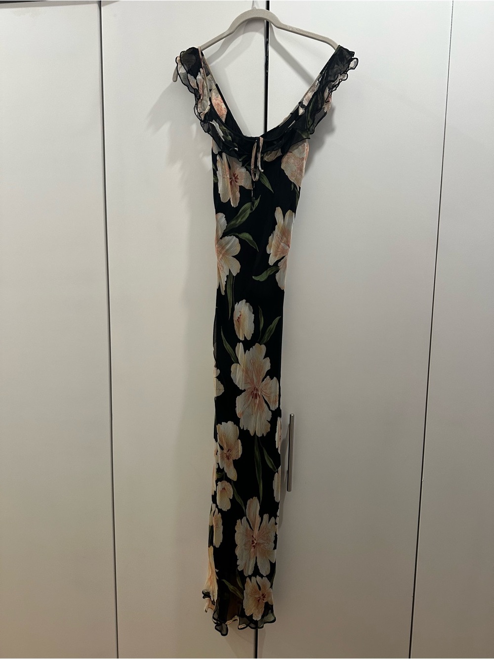 Mango Black Floral Maxi Dress with Ruffle V-Neck